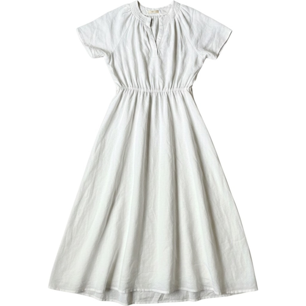 Sessun French Fit Flare Short Sleeve Smocked Linen White Dress Lady Spring S/M